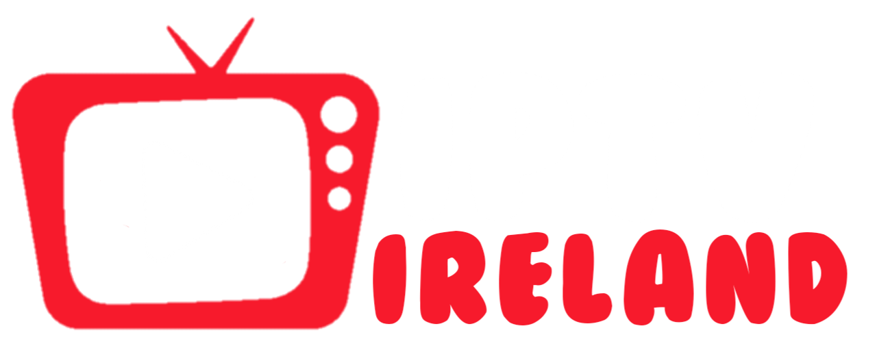 A red TV icon with a play button appears next to the text IPTV IRELAND. IPTV is in white, IRELAND is in bold red letters, all on a light gray background.