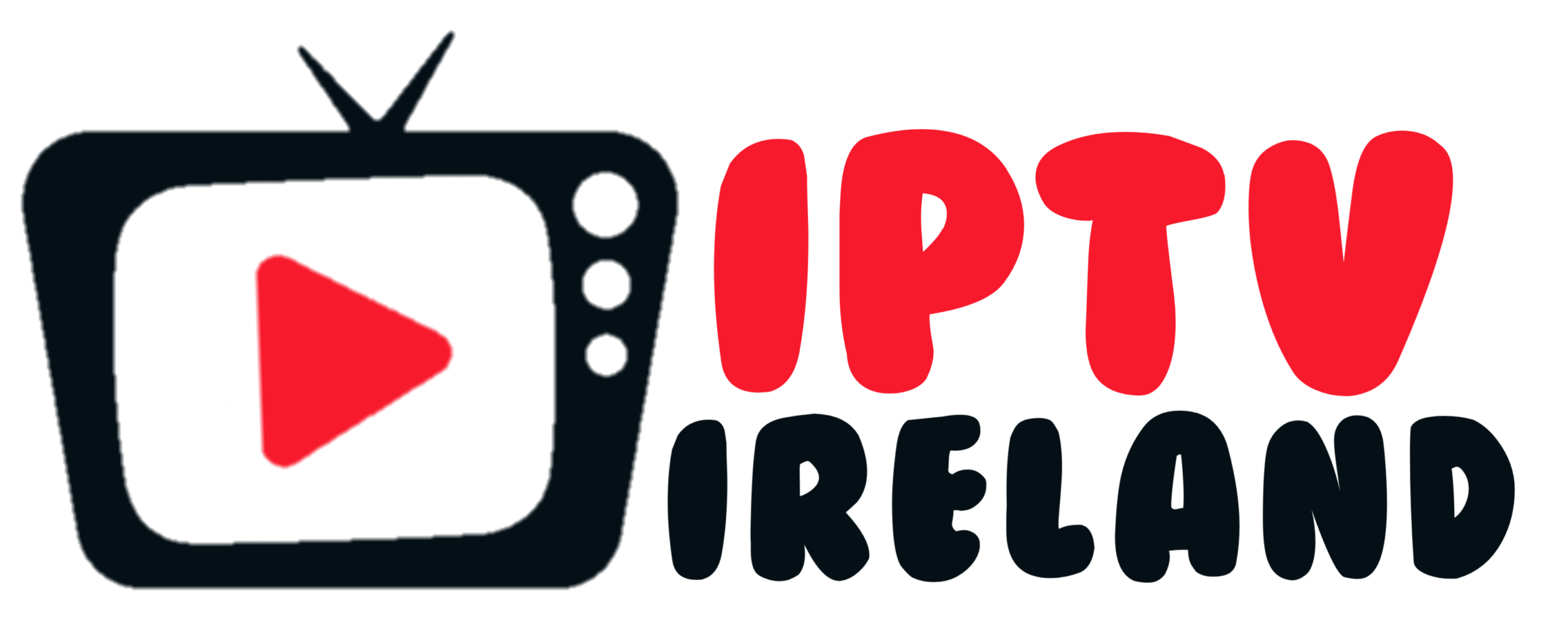 A red TV icon with a play button appears next to the text IPTV IRELAND. IPTV is in white, IRELAND is in bold red letters, all on a light gray background.